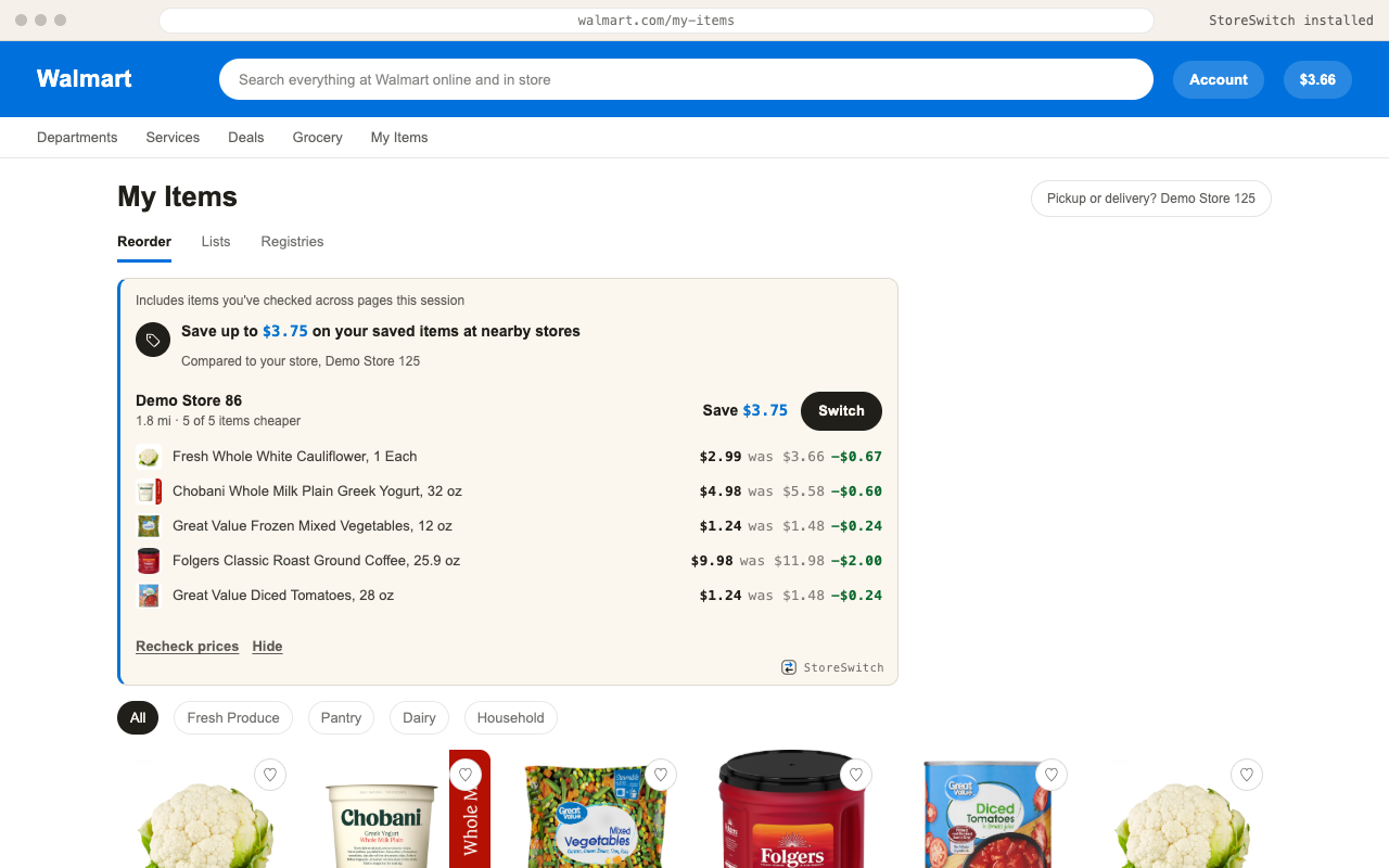 StoreSwitch saved-items banner inside a privacy-safe Walmart My Items view, showing nearby-store savings.