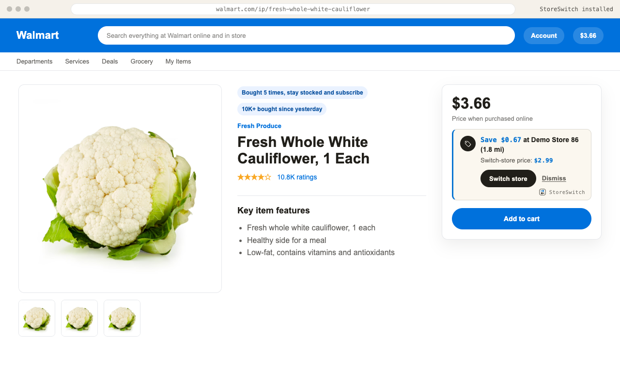 StoreSwitch product-page savings card beside a Walmart product buy box.